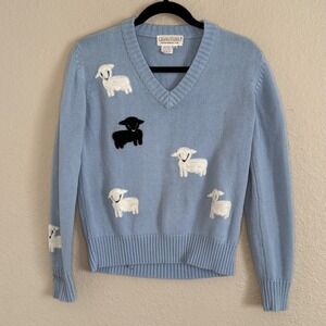 Vintage Cottage Soft Girl Black Sheep Sweater Blue Knit Novelty Print Medium
